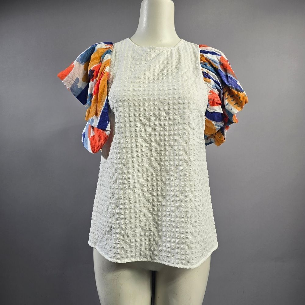 THML White Textured Blouse with Multicolor Sleeves R15